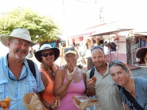 Greg and Jo Fettin, Brenda, Guillaume, and Gwen preparing to hike to the top of Terre Haute island. Must stop for croissant power boost first.